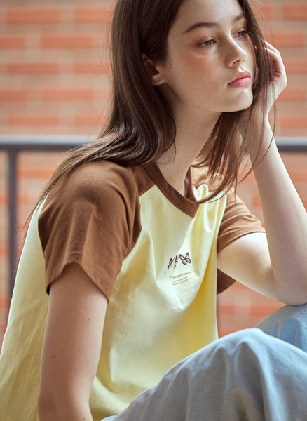 [Letter from Moon] Triple Butterfly Embroidery Raglan Crop T-Shirt (Lemon)