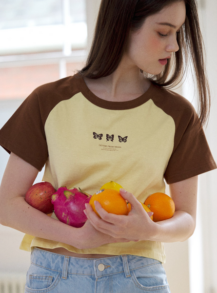 [Letter from Moon] Triple Butterfly Embroidery Raglan Crop T-Shirt (Lemon)
