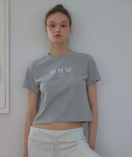 [Letter from Moon] Triple Butterfly Embroidery Short Sleeve T-Shirt (Melange Grey)