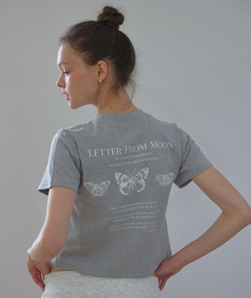 [Letter from Moon] Triple Butterfly Embroidery Short Sleeve T-Shirt (Melange Grey)