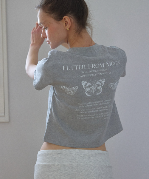 [Letter from Moon] Triple Butterfly Embroidery Short Sleeve T-Shirt (Melange Grey)