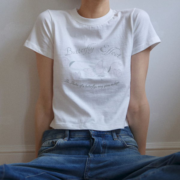 [Letter from Moon] Butterfly Ribbon Crop T-Shirt (White)