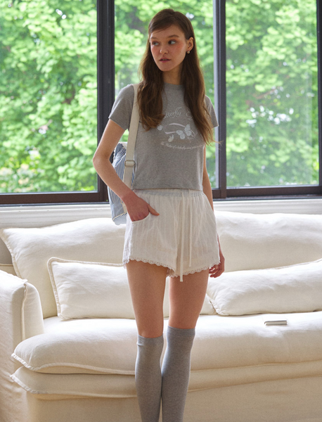 [Letter from Moon] Butterfly Ribbon Crop T-Shirt (Melange Grey)