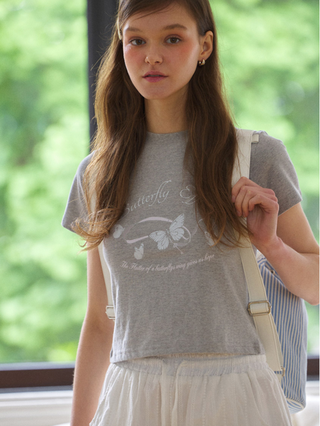 [Letter from Moon] Butterfly Ribbon Crop T-Shirt (Melange Grey)