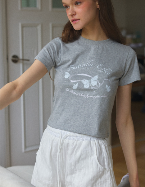 [Letter from Moon] Butterfly Ribbon Crop T-Shirt (Melange Grey)