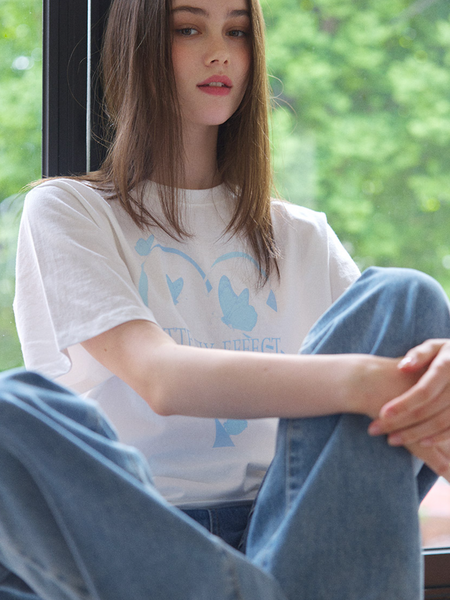 [Letter from Moon] Butterfly Effect Oversized Fit Short Sleeve T-Shirt (White & Skyblue)