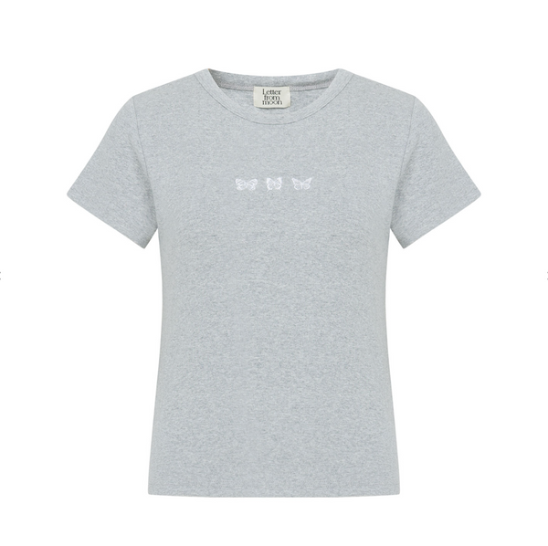 [Letter from Moon] Triple Butterfly Embroidery Slim Fit T-Shirt (Melange Grey)