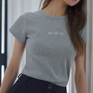 [Letter from Moon] Triple Butterfly Embroidery Slim Fit T-Shirt (Melange Grey)