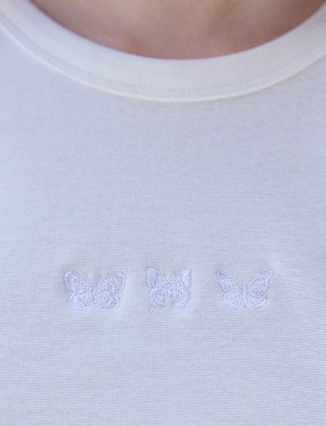 [Letter from Moon] Triple Butterfly Embroidery Slim Fit T-Shirt (White)