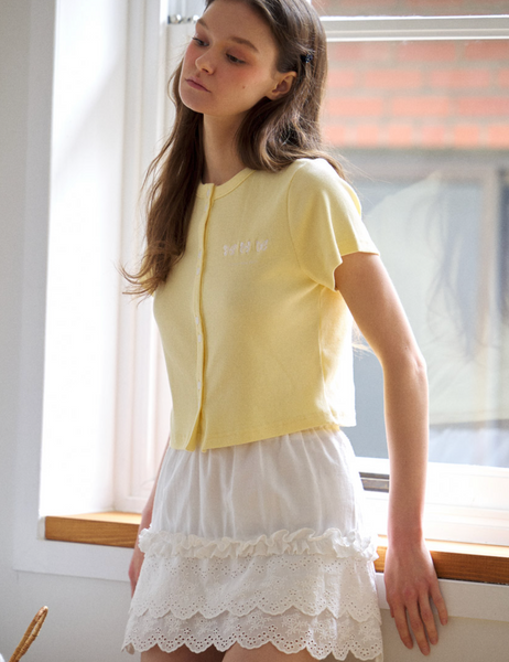 [Letter from Moon] Triple Butterfly Embroidery Short Sleeve Cardigan (Lemon)