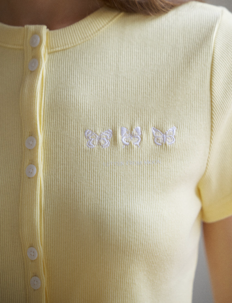 [Letter from Moon] Triple Butterfly Embroidery Short Sleeve Cardigan (Lemon)
