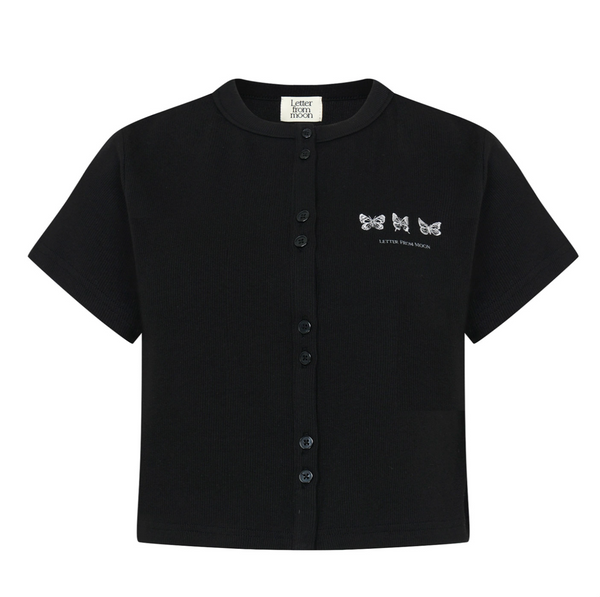 [Letter from Moon] Triple Butterfly Embroidery Short Sleeve Cardigan (Black)