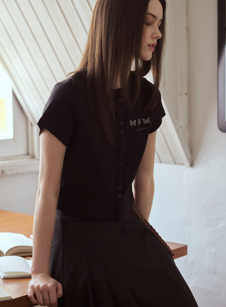[Letter from Moon] Triple Butterfly Embroidery Short Sleeve Cardigan (Black)