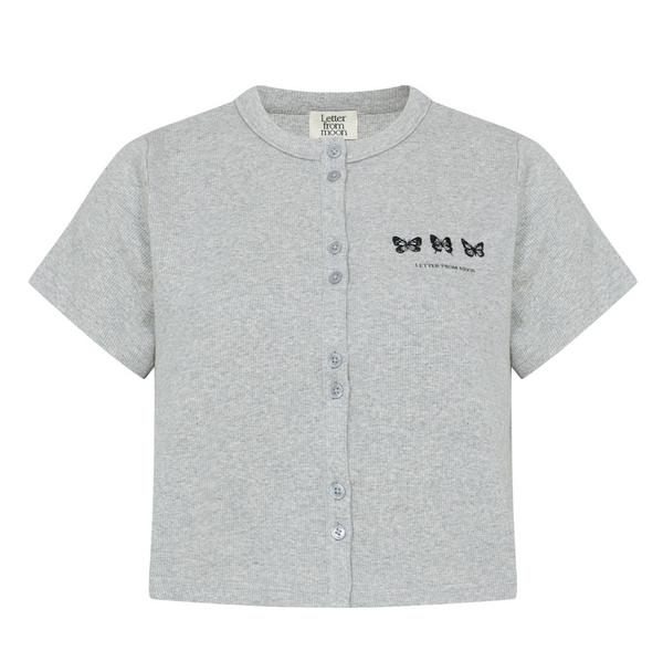 [Letter from Moon] Triple Butterfly Embroidery Short Sleeve Cardigan (Melange Grey)