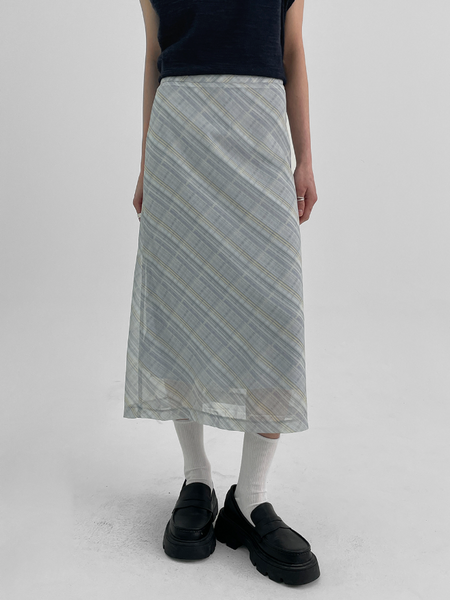 [BLACK UP] Chiffon Checkered Long Skirt