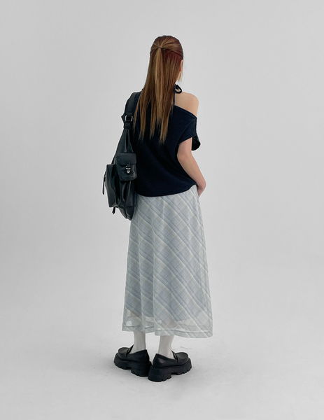 [BLACK UP] Chiffon Checkered Long Skirt