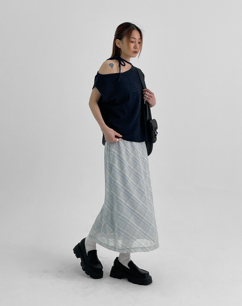 [BLACK UP] Chiffon Checkered Long Skirt
