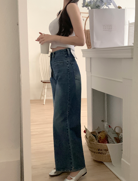 [GIRLS RECIPE] Slit Pocket Long Wide Denim Pants