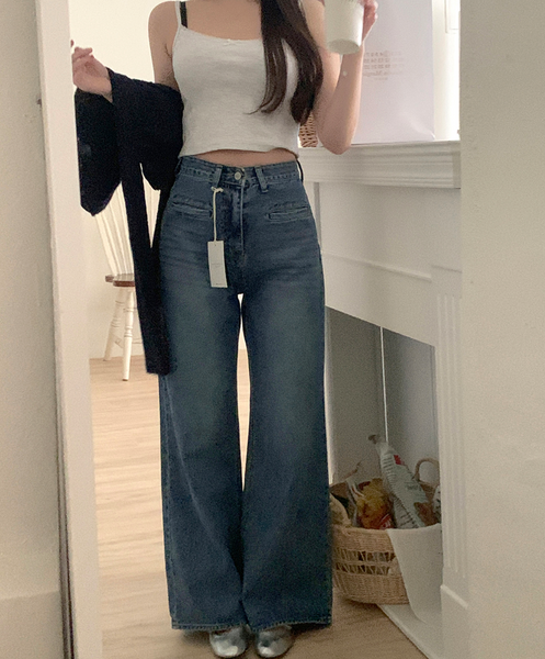 [GIRLS RECIPE] Slit Pocket Long Wide Denim Pants