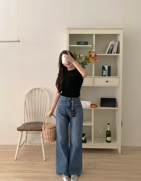 [GIRLS RECIPE] Slit Pocket Long Wide Denim Pants