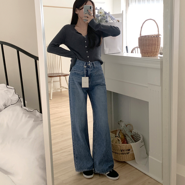 [GIRLS RECIPE] Slit Pocket Long Wide Denim Pants