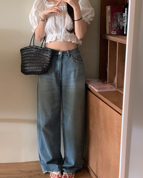 [GIRLS RECIPE] Washed Long Wide Denim Pants