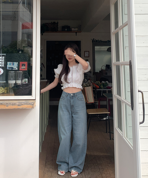 [GIRLS RECIPE] Washed Long Wide Denim Pants