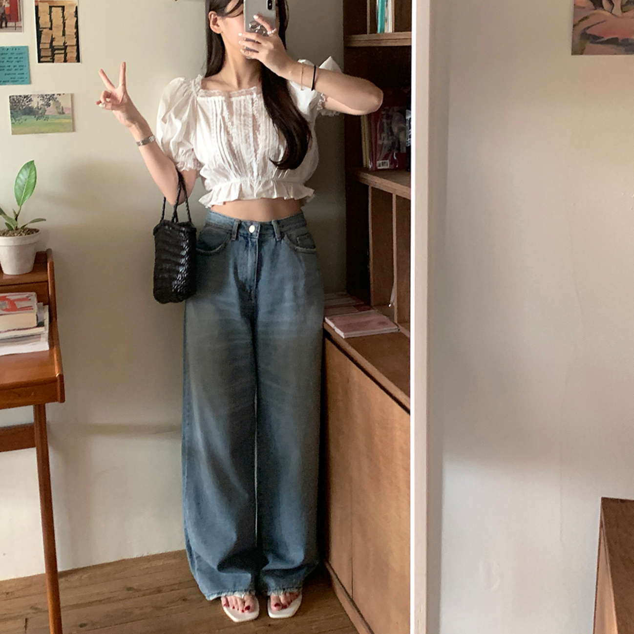 [GIRLS RECIPE] Washed Long Wide Denim Pants