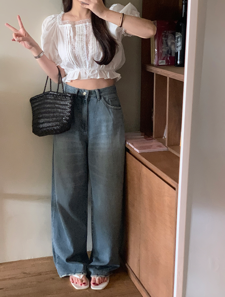 [GIRLS RECIPE] Washed Long Wide Denim Pants