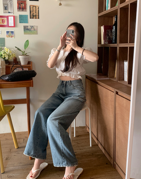 [GIRLS RECIPE] Washed Long Wide Denim Pants