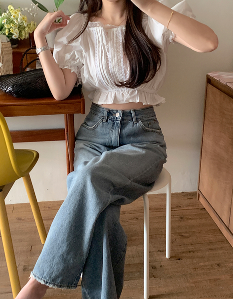 [GIRLS RECIPE] Washed Long Wide Denim Pants