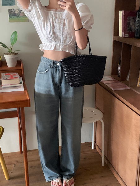 [GIRLS RECIPE] Washed Long Wide Denim Pants