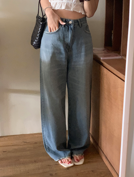 [GIRLS RECIPE] Washed Long Wide Denim Pants