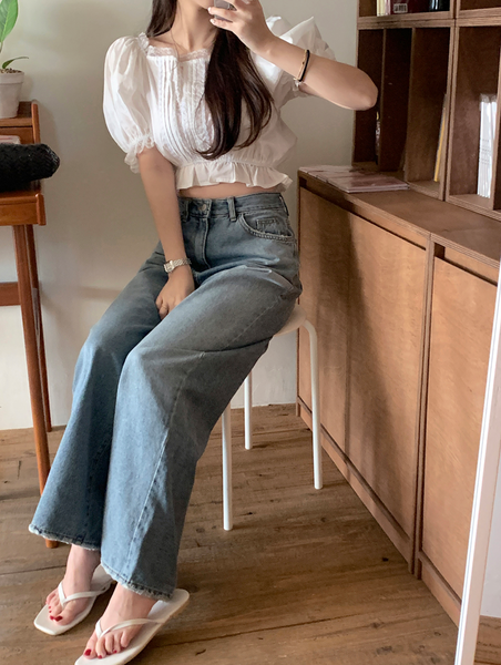 [GIRLS RECIPE] Washed Long Wide Denim Pants