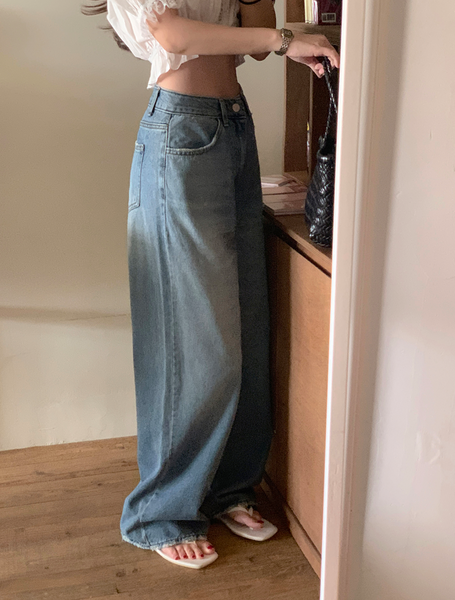 [GIRLS RECIPE] Washed Long Wide Denim Pants