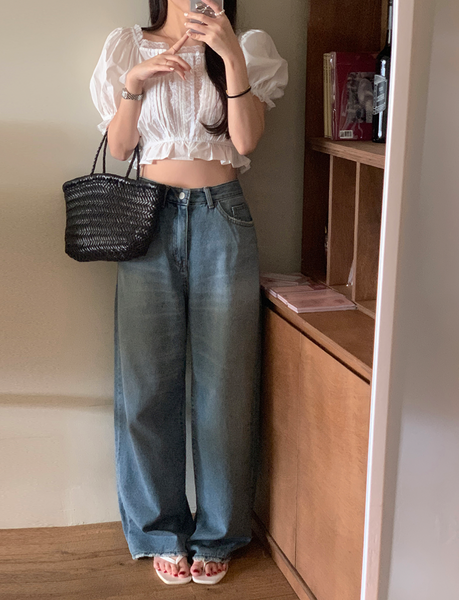 [GIRLS RECIPE] Washed Long Wide Denim Pants