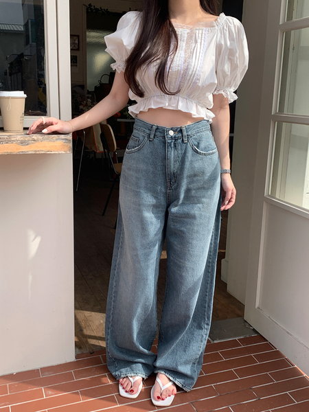 [GIRLS RECIPE] Washed Long Wide Denim Pants