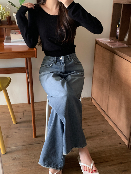 [GIRLS RECIPE] Washed Long Wide Denim Pants