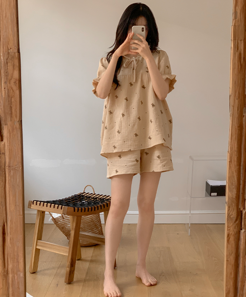 [Juuneedu] Romantic Mandy Bear Cotton Short Sleeve Pyjama Set