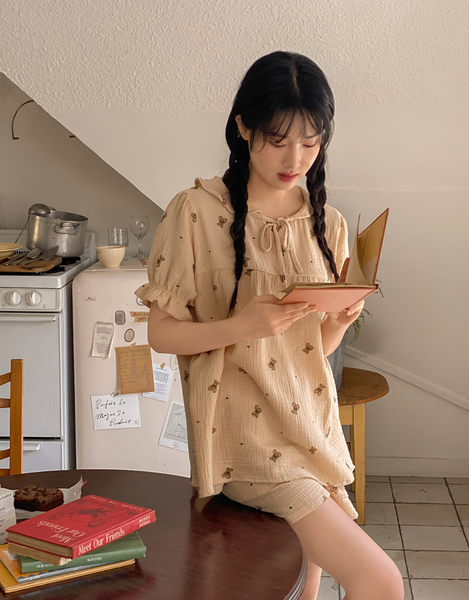 [Juuneedu] Romantic Mandy Bear Cotton Short Sleeve Pyjama Set