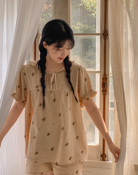 [Juuneedu] Romantic Mandy Bear Cotton Short Sleeve Pyjama Set