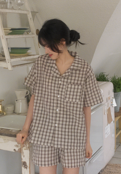 [Juuneedu] Salt Tartan Check Short Sleeve Pyjama Set