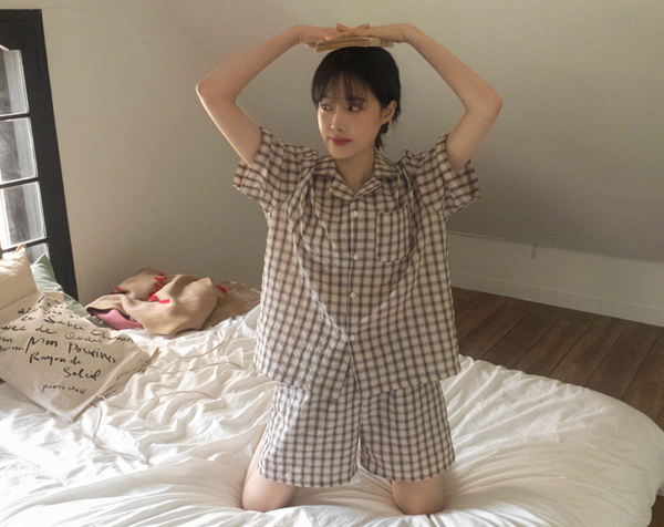 [Juuneedu] Salt Tartan Check Short Sleeve Pyjama Set