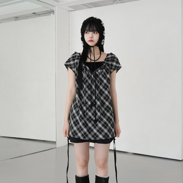 [BINARY01] Maylin Checkered Ribbon Blouse