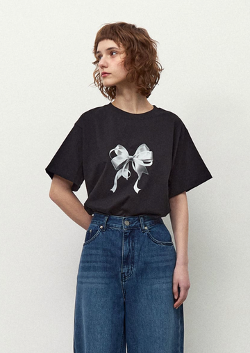 RONRON] DOUBLE RIBBON BASIC FIT T SHIRT BLACK SILVER – Ohue