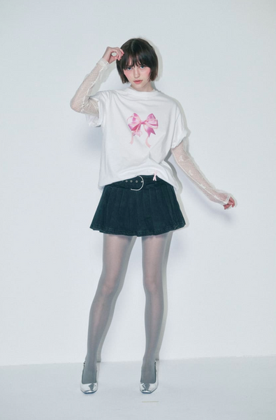 [RONRON] DOUBLE RIBBON BASIC FIT T SHIRT WHITE PINK