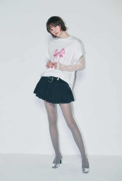 [RONRON] DOUBLE RIBBON BASIC FIT T SHIRT WHITE PINK