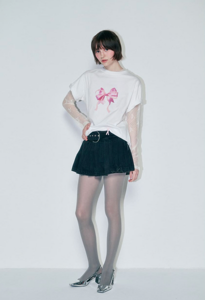 [RONRON] DOUBLE RIBBON BASIC FIT T SHIRT WHITE PINK