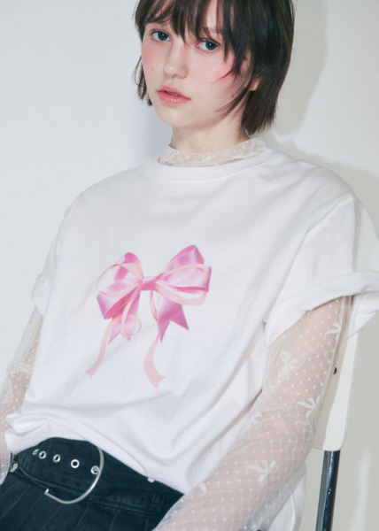 [RONRON] DOUBLE RIBBON BASIC FIT T SHIRT WHITE PINK