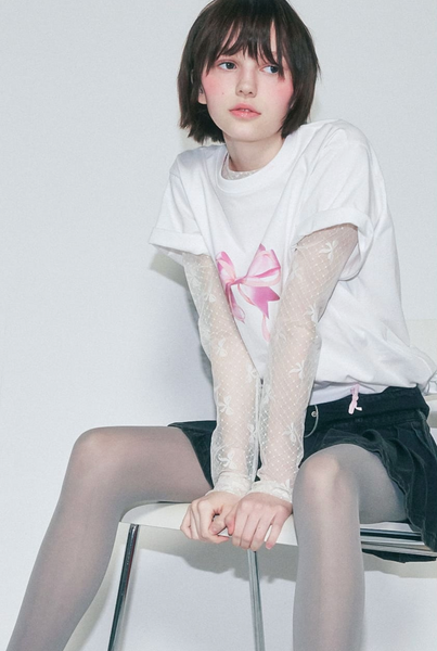 [RONRON] DOUBLE RIBBON BASIC FIT T SHIRT WHITE PINK